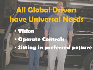 All Global Drivers
have Universal Needs
 • Vision
 • Operate Controls
 • Sitting in preferred posture
 