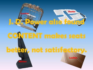 Heater
    Lumbar



J. D. Power also found
CONTENT makes seats
better, not satisfactory.
                   Leather
   Bolsters
 
