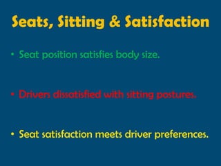 Seats, Sitting & Satisfaction
• Seat position satisfies body size.


• Drivers dissatisfied with sitting postures.


• Seat satisfaction meets driver preferences.
 