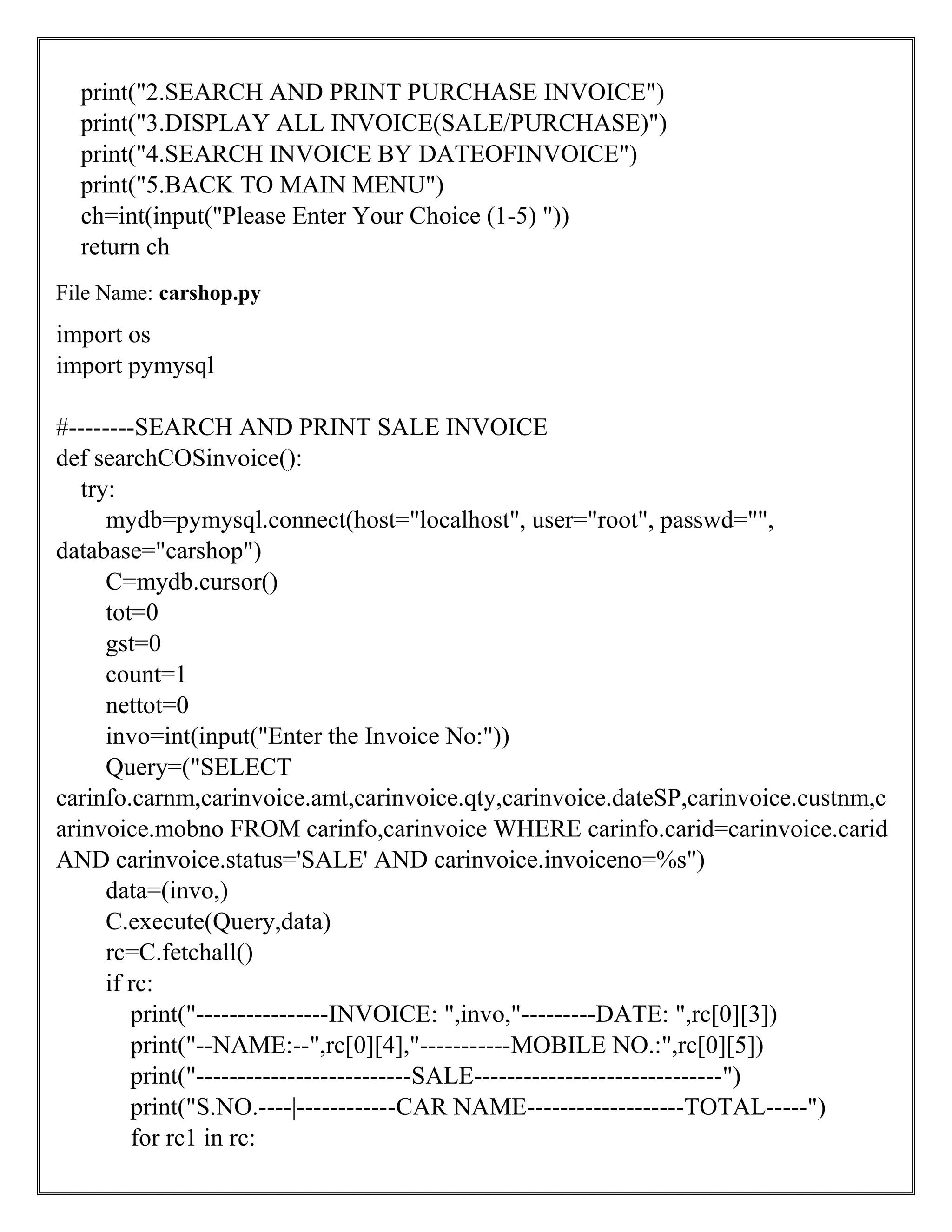 PYTHON PROJECT ON CARSHOP SYSTEM | PDF