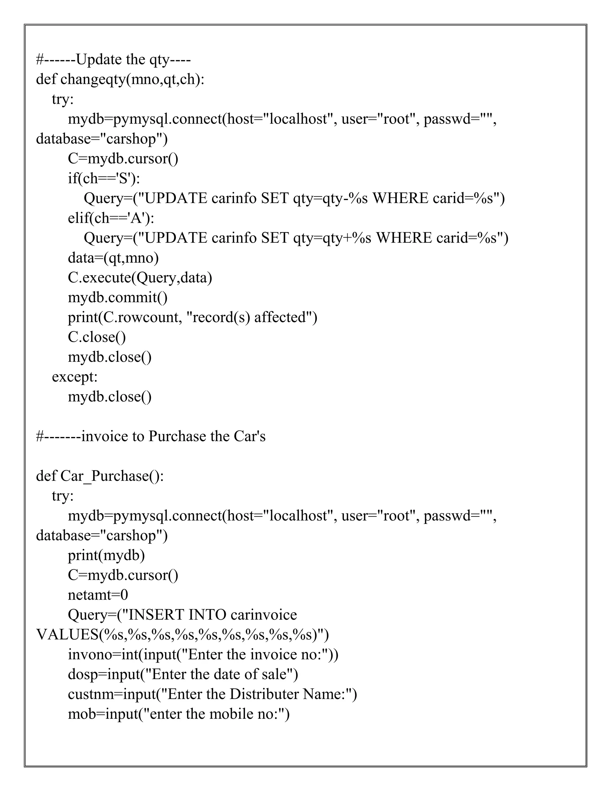 PYTHON PROJECT ON CARSHOP SYSTEM | PDF | Grocery Shopping | Shopping