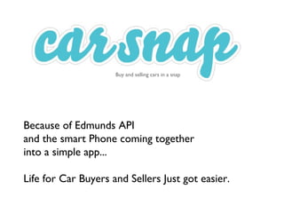 Buy and selling cars in a snap
Because of Edmunds API
and the smart Phone coming together
into a simple app...
Life for Car Buyers and Sellers Just got easier.
 