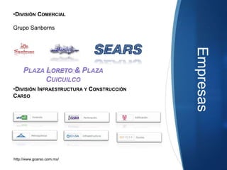  Lic. Marco Antonio SlimDomitPresidente - Grupo Financiero Inbursa- Inversora Bursátil- Seguros InbursaDirector General-Grupo Financiero Inbursa Lic. Daniel HajjAboumradDirector general - América Móvil- América Telecom Ing. Julio Gutiérrez Trujillo Asesor Empresarial Ing. Antonio Cosío Pando Gerente General - Cía. Industrial de Tepeji del Río Lic. Fernando G. Chico Pardo Director general - Promecap, S.C. Lic. Eduardo ValdesAcraVicepresidente - Grupo Financiero InbursaPresidente - Banco InbursaDirector general - Inversora Bursátil Lic. David Ibarra Muñoz Director despacho David Ibarra Muñoz Lic. Alejandro Aboumrad Gabriel Presidente - Porcelanite Ing. Antonio Gómez García Director general – Porcelanite- U.S. Commercial Corp. Ing. Alfonso Salem SlimDirector general - Impulsora del Desarrollo y el Empleo en América Latina C.P. José Humberto Gutierrez-Olvera Zubizarreta Director general- Grupo Carso GUTIERREZ-OLVERA ZUBIZARRETA- Carso Infraestructura y Construcción- Grupo CondumexPresidente - Grupo Condumex Lic. Carlos HajjAboumradDirector general - Sears Roebuck de Méxicohttp://www.gcarso.com.mx/GCarso/Esp/Relación+con+Inversionistas/Gobierno+Corporativo/Consejo+de+Administración.htm