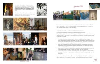15
I’m a petite woman and my process involves significant strength and manual labor. What I’m
able to save, what I’m able to accomplish in scale has been largely dependent on others for
their strength and for the use of vast open space.
The process itself is part of a larger metaphor of human experience.
My artistic process follows a long period of development and maturation.
The actual experience of making the “art” is visceral and spontaneous; ecstatic and intuitive: a
realization in and of the moment. I am very patient and thoughtful, while also intuitively flying
by the seat of my pants.
•	 I go to demolition sites and save objects like metal studs, window walls and glass. I use
resin, metal, new and outdated technology, LEDs, and other objects, learning to install from
experts in the field rather than through a formalized process. I found fine art education to
restrict intuition and spontenaiety, so chose not to get an MFA.
•	 When glass companies said it was impossible to implement, I designed and successfully
implemented a structure to suspend my glass paintings from 18 ft ceilings with aircraft
cable. I am very stubborn.
•	 When I couldn’t afford to rent a scaffold to suspend my large glass paintings, I built a 16ft
Trojan horse wooden staircase on wheels with friends. I am very resourceful.
•	 I slept in the warehouse, creating and installing works until 3 and 4am. At the top of this
staircase, I drilled holes in the ceiling and screwed in 104 hooks for 52 paintings. I am very
industrious.
A part of me, of the “universe”, the Omniscient Mind, of God, transfers to the work, and for
days or weeks after, I’m in a state of recovery. The entire process is part of the creation.
process &
I’m a dancer. My sculpture and painting style
extends from my movement - a dynamic, visceral
dance uniquely my own, reflective of 17 years as
a ballerina, jazz dancer and choreographer mixing
styles as diverse as African tribal to Argentinian
tango.
While viewers have indicated the way I execute
my work resembles Jackson Pollock, I do not see a
resemblance in the works themselves.
photo by Tanya Manfrediz
photos by Heather Talbert
photo by Patrick Wanis
photo by Heather Talbert photo by Whitney Kennett
 