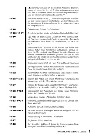 „Zwischendurch habe ich die Berliner Akademie blamiert,
            indem ich versuchte, dort als Schüler aufgenommen zu wer-
            den. Nach 4 Wochen wurde ich mit dem Begründen entlas-
            sen, als wie ich wäre vollständig tatenlos.“4
1915        Heirat mit Helma Fischer „,…mein Schwiegervater ist Profes-
            sor der Hannoverschen Straßenbahn. Vielleicht können sie
            daraus ein paar Schlüsse auf meine Kunst ziehen, wenn auch
            nur Trugschlüsse.“5
1918        Geburt seines Sohnes Erst Schwitters
1918/1919   Architekturstudium an der technischen Hochschule Hannover
1919        „Da habe ich das bekannte Gedicht an Anna Blume gedich-
            tet. Eine besonders wertvolle Sentenz von mir ist: „Das Weib
            entzückt durch seine Beine; ich bin ein Mann, ich habe kei-
            ne!“6
            erste Merzbilder „Zunächst suchte ich aus den Resten ehe-
            maliger Kultur, neue Kunstformen aufzubauen. Daraus ent-
            stand die Merzmalerei, eine Malerei, die jedes Material ver-
            wendet, die Pelikanfarbe ebenso gern wie den Müll auf dem
            Müllhaufen. So erlebte ich die Revolution in der lustigen Form
            und gelte als Dadaist, ohne es zu sein.“7
1920        Beginn der Freundschaft mit Hans Arp und Raoul Hausmann
1921        Vortragsreise mit Hannah Höch und Raoul Hausmann nach
            Prag, die Lautdichtung „Ursonate“ entsteht.
1922        Bekanntschaft mit Theo van Doesburg; Dada-Tournee in Hol-
            land; Teilnahme an Dada-Treffen in Weimar
1923/1924   Beginn der Arbeit am ersten Merz-Bau; Gründung des
            Merzverlags und der Merz-Werbezentrale
1927        Initiator der Gruppe „Die absrakten Hannover“; Gründungs-
            mitglied und Vorsitzender des Rings „Neue Werbegestalter“
1928–1931   Organisation der Ausstellung des Rings „Neue Werbege-
            stalter“ in 21 deutschen Städten
1932        Mitglied der Gruppe „Abstraction Création“, Paris
1933-1937   vermehrte Aufenthalte in Norwegen; Lysaker bei Oslo als stän-
            diger Wohnsitz
1938        Aufnahme der Arbeit am zweiten Merzbau
1940-1941   nach der Invasion Norwegens Flucht nach England und 17-
            monatige Internierung
1945        Niederlassung in Ambleside, Lake District
1947        Beginn des dritten Merzbaus
1948        Kurt Schwitters stirbt am 8. Januar im Krankenhaus an Herz-
            versagen; erste Einzelausstellung in New York

                                                Kurt Schwitters und David Carson   9
 