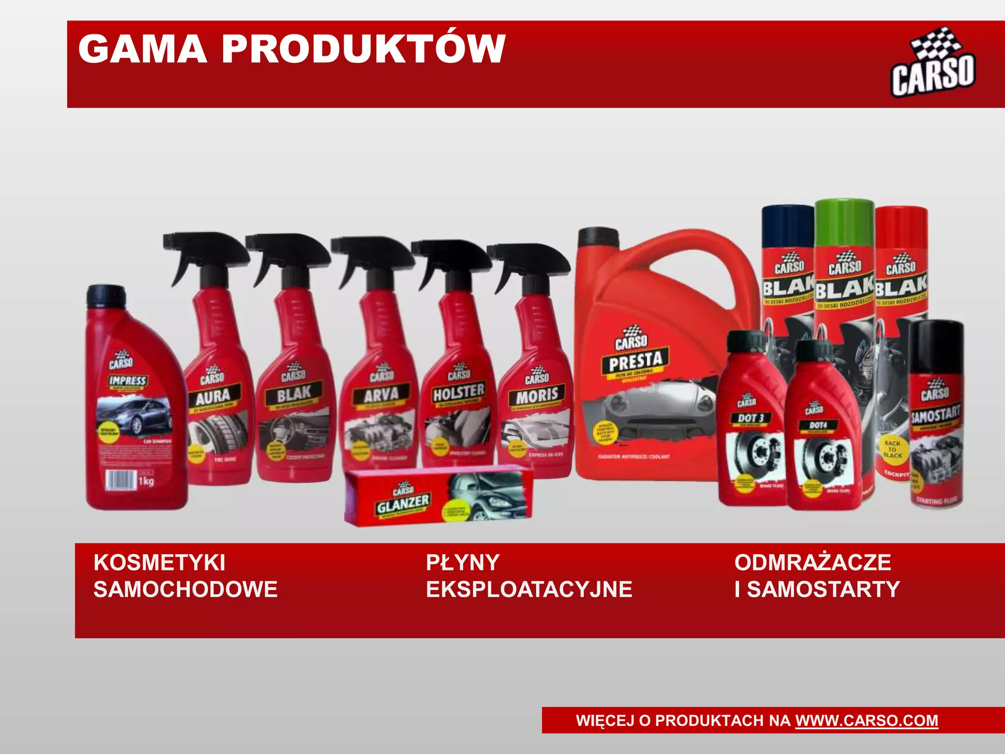 GAMA PRODUKTÓW




KOSMETYKI     PŁYNY                    ODMRAŻACZE
SAMOCHODOWE   EKSPLOATACYJNE           I SAMOSTARTY




                        WIĘCEJ O PRODUKTACH NA WWW.CARSO.COM
 