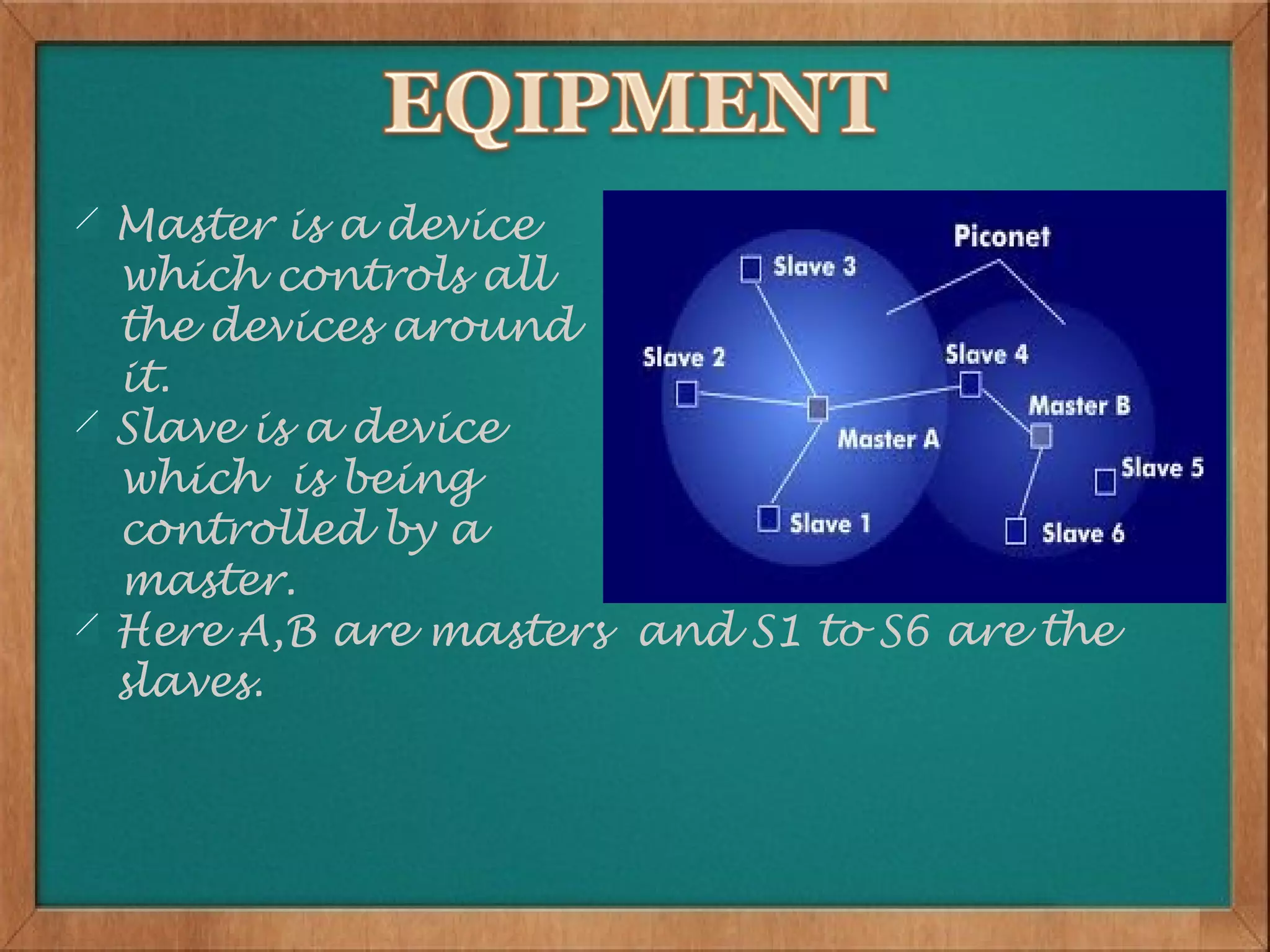 Master is a device
which controls all
the devices around
it.
Slave is a device
which is being
controlled by a
master.
Here A,B are masters and S1 to S6 are the
slaves.
 
