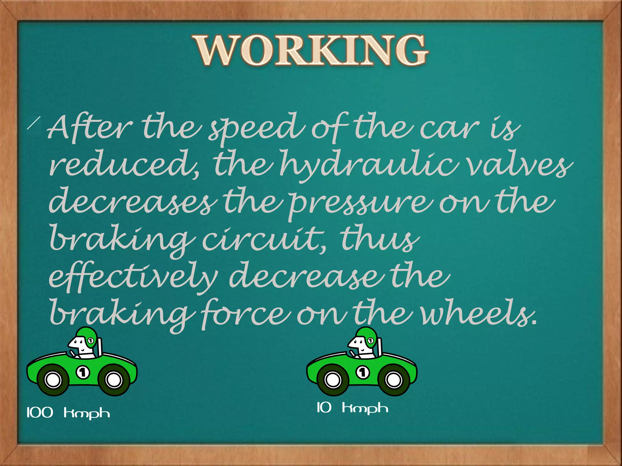 After the speed of the car is
 reduced, the hydraulic valves
 decreases the pressure on the
 braking circuit, thus
 effectively decrease the
 braking force on the wheels.

100 kmph        10 kmph
 