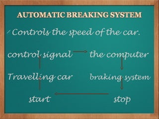 Controls the speed of the car.

control signal     the computer

Travelling car     braking system


    start               stop
 