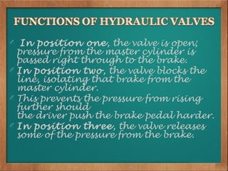 In position one, the valve is open;
pressure from the master cylinder is
passed right through to the brake.
In position two, the valve blocks the
line, isolating that brake from the
master cylinder.
This prevents the pressure from rising
further should
the driver push the brake pedal harder.
In position three, the valve releases
some of the pressure from the brake.
 