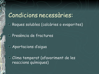 Condicions necessàries: <ul><li>Roques solubles (calcàries o evaporites) </li></ul><ul><li>Presència de fractures  </li></...