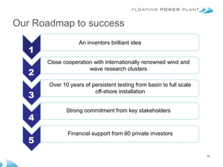 Our Roadmap to success
                   An inventors brilliant idea
   1
       Close cooperation with internationally renowned wind and
                       wave research clusters
   2
       Over 10 years of persistent testing from basin to full scale
                         off-shore installation
   3
              Strong commitment from key stakeholders
   4
               Financial support from 60 private investors
   5
                                                                      13
 