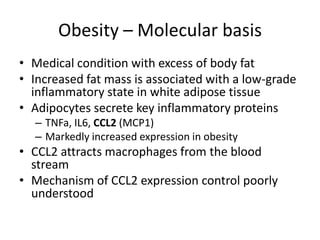 Obesity – Molecular basis
• Medical condition with excess of body fat
• Increased fat mass is associated with a low-grade
  inflammatory state in white adipose tissue
• Adipocytes secrete key inflammatory proteins
  – TNFa, IL6, CCL2 (MCP1)
  – Markedly increased expression in obesity
• CCL2 attracts macrophages from the blood
  stream
• Mechanism of CCL2 expression control poorly
  understood
 