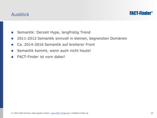 19Was ist das Semantic Web?Websites enthalten neben Text auch maschinenlesbare Informationen, z.B. in RDFDadurch können Computer die Information direkt verarbeitenStatt Daten z.B. täglich an Preisvergleichs-Portale zu schicken, könnten Sie Ihre Preise direkt maschinenlesbar auf der Website veröffentlichenDann können die Spider der Preisvergleiche sich die Daten selbst abholenZusätzlich können diese Daten auch von beliebigen anderen Diensten ausgewertet werden, z.B. Statistik-Portalen, Google, Amazon, …