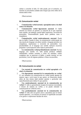 calmar o consolar al niño. E1 niño puede, por el contrario, no
mostrar el conveniente cuidado ante riesgos que otros niños de la
misma edad evitan.
Observaciones:
XI. Comunicación verbal
1.

Comunicación verbal normal y apropiada tanto a la edad
como a la situación.
2.
Comunicación verbal ligeramente anormal. E1 habla
muestra un retraso en general. La mayoría de lo que expresan
tiene sentido, sin embargo, puede haber repetición o inversión de
pronombre. Ocasionalmente puede decir palabras raras o
estupideces.
3.
Comunicación verbal moderadamente anormal. Puede
que no hable. Cuando lo hace, la comunicación verbal puede ser
una mezcla de lenguaje con pleno sentido y lenguaje peculiar con
estupideces, repeticiones o inversión de pronombre. Las
peculiaridades en el lenguaje con sentido incluyen excesivas
preguntas o preocupación sobre tópicos particulares.
4.
La comunicación verbal profundamente anormal. No hay
lenguaje con sentido. E1 niño puede producir chillidos
infantiloides, sonidos extraños o como los animales, ruidos
complejos que se parezcan al habla, o puede mostrar un uso
persistente y raro de algunas palabras o frases reconocibles.
Observaciones:
XII. Comunicación no verbal
1.

Uso normal de comunicación no verbal apropiada a la
edad y la situación.
2.
Uso ligeramente anormal de la comunicación no verbal.
E1 uso inmaduro de comunicación no verbal; puede apuntar de
manera vaga o servir para lo que quiere, en situaciones donde
niños de una misma edad pueden apuntar o gesticular más
específicamente para indicar lo que quieren.
3.
Uso moderadamente anormal de la comunicación no
verbal. E1 niño es generalmente incapaz de expresar necesidades
o deseos de manera no verbal, y no puede entender la
comunicación no verbal de otros.
4.
Uso profundamente anormal de la comunicación no
verbal. E1 niño sólo usa gestos raros o peculiares que no tienen
sentido aparente, y no muestra el conocer el significado asociado
a los gestos o expresiones faciales de otros.
Observaciones:

 
