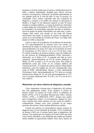 programa a nivel de estado para el autista y similarmente para los
niños y adultos subnormales, diseñado para ofrecer servicios
extensos, investigación y formación. Se abunda especialmente en
tres grandes áreas de la vida del niño: la casa, la escuela y la
comunidad. Cinco centros regionales dan una evaluación de
diagnosis y consejos a los padres ara mejorar la adecuación la
familia y el hogar. Se da educación especial en unas 40 clases
situadas en colegios públicos, y a cargo de profesores entrenados
y supervisados por el personal de TEACCH. Las relaciones entre
la comunidad y las necesidades especiales del niño se moderan a
través de grupos de padres relacionados con cada clase y centro.
Aunque cada centro está situado en una rama del sistema
universitario del estado, la mayoría de nuestra investigación se
centra en la Universidad de Carolina del Norte, en Chapel Hill,
donde la CARS se desarrolló.
Como es típico de la población con problemas de desarrollo,
un 75% aproximadamente de nuestros casos son varones. La
distribución de edades es similar para los dos sexos, con un 57%
aproximadamente con menos de 6 años en el momento de entrar
en el programa, un 32% entre 6 y 10, y un 11% de diez o más.
E1 estatus económico de nuestros clientes, como fue medido por
los dos factores de Hollingshead-Redlich (1958), (profesión y
educación), en el índice es IV, la segunda más baja de cinco
categorías. Aproximadamente un 67l de nuestra población es
blanca, un 30% es negro y un 3% de otras razas. Esto refleja la
distribución racial que existe en los colegios públicos del
Carolina del Norte. La mayoría de nuestra muestra refleja déficit
intelectual, como fue medido por los tests estandarizados tales
como la WISC, Merrill-Palmer, Bayley, y Leiter International
Performance Scale. Aproximadamente un 71% tiene un cociente
intelectual por debajo de 70, con sólo aproximadamente un 17%
con un cociente intelectual entre 70 y 84, y un 13% con un 85 o
más. (tabla I)
Relaciones con otros criterios de diagnosis y escalas
Cinco importantes sistemas para el diagnóstico del autismo
han sido ampliamente usados. Estos incluyen el criterio de
Kanner (1943), los puntos de Creak (1961), la definición de
Rutter (1978), el de la Sociedad Nacional para Niños Autistas
(NSAC, 1978), y el DSM-III-R (1987). Aunque muy usados
para el diagnóstico clínico y la investigación, ninguno de estos
cinco sistemas han tenido relación con una escala de medida o
comprobación. Aunque estos cinco coinciden en los rasgos
generales del autismo, tienen también diferencias notables.
Cuando por primera vez desarrollamos nuestra tasación de
diagnosis hace 14 anos (Reichler & Schopler, 1971) la definición
de Kanner (1943) era cl sistema básico para el diagnóstico del
autismo. Fue seguido por los 9 puntos de Creak (1961) que tenía
como misión extenderlo a una definición más amplia que pudiera
incluir también la esquizofrenia infantil. Estos nueve puntos de

 