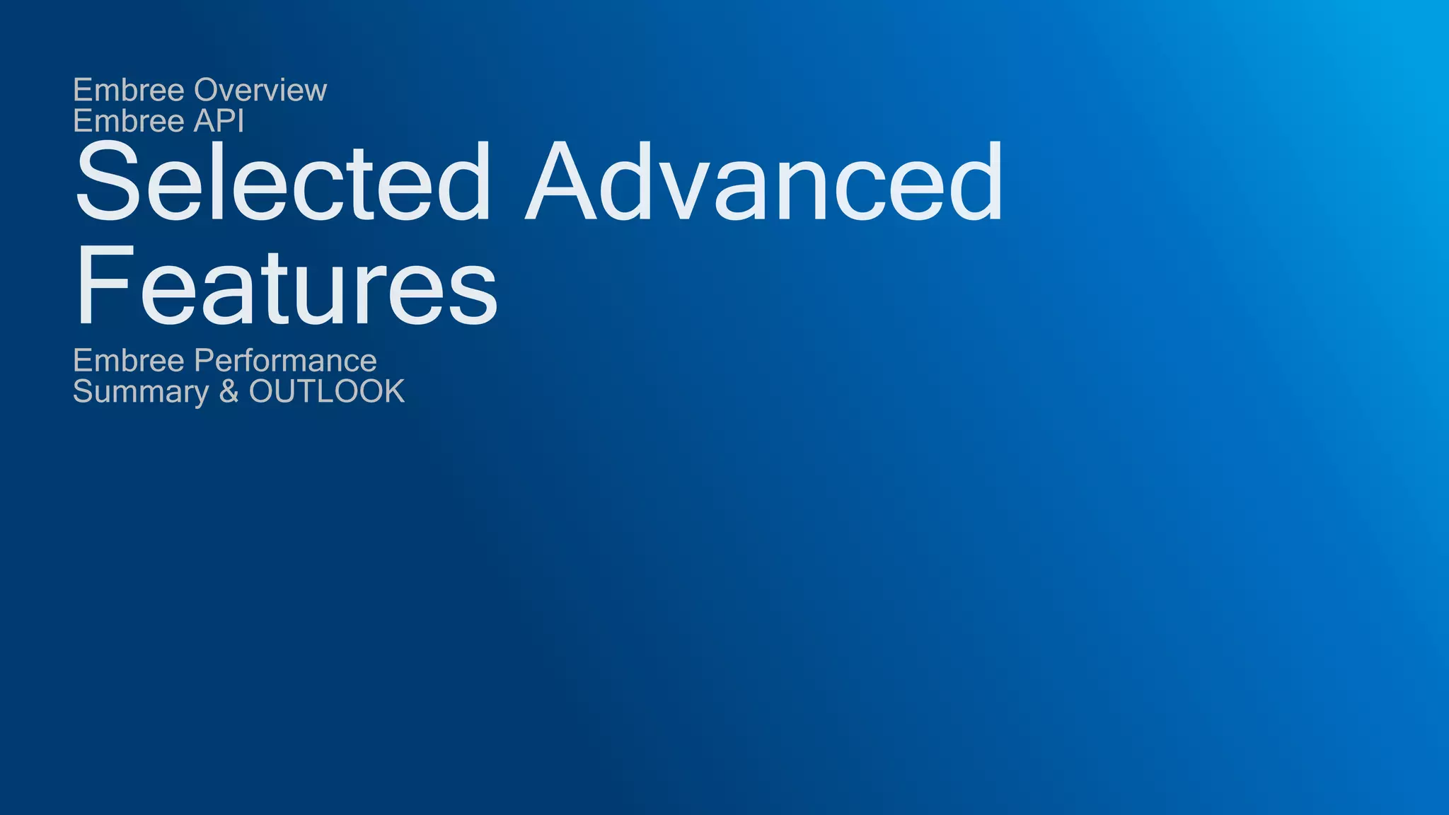 Embree Overview
Embree API
Embree Performance
Summary & OUTLOOK
 