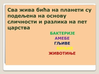 Сва жива бића на планети су
подељена на основу
сличности и разлика на пет
царства
БАКТЕРИЈЕ
АМЕБЕ
ГЉИВЕ
БИЉКЕ
ЖИВОТИЊЕ
 