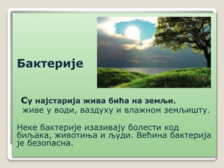 Бактерије
су најстарија жива бића на земљи.
живе у води, ваздуху и влажном земљишту.
Неке бактерије изазивају болести код
биљака, животиња и људи. Већина бактерија
је безопасна.
 