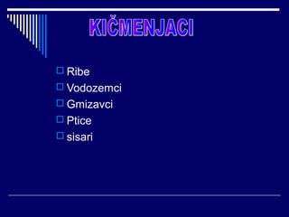  Ribe
 Vodozemci
 Gmizavci
 Ptice
 sisari
 