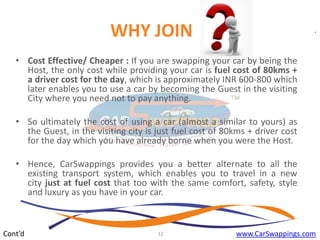 WHY JOIN
• Cost Effective/ Cheaper : If you are swapping your car by being the
Host, the only cost while providing your car is fuel cost of 80kms +
a driver cost for the day, which is approximately INR 600-800 which
later enables you to use a car by becoming the Guest in the visiting
City where you need not to pay anything.
• So ultimately the cost of using a car (almost a similar to yours) as
the Guest, in the visiting city is just fuel cost of 80kms + driver cost
for the day which you have already borne when you were the Host.
• Hence, CarSwappings provides you a better alternate to all the
existing transport system, which enables you to travel in a new
city just at fuel cost that too with the same comfort, safety, style
and luxury as you have in your car.

Cont’d

12

www.CarSwappings.com

 