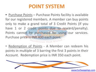 POINT SYSTEM
• Purchase Points – Purchase Points facility is available
for our registered members. A member can buy points
only to make a grand total of 3 Credit Points (If you
have 1 or 2 credit points due to reward/penalty).
Points cannot be purchased for using our services.
Purchase price is INR 400 each point.
• Redemption of Points - A Member can redeem his
points in multiple of 3 barring the first 3 points in their
Account. Redemption price is INR 350 each point.

7

www.CarSwappings.com

 