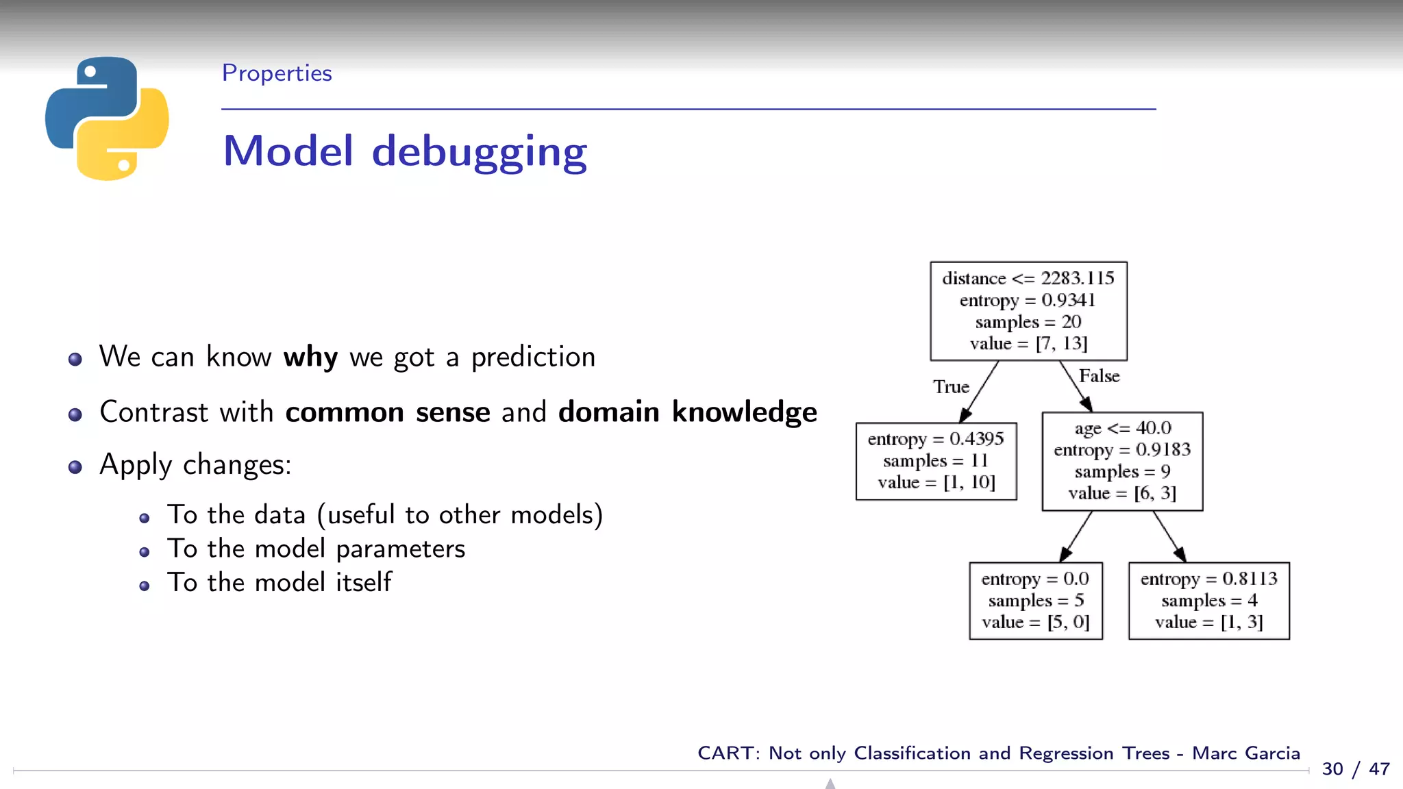 Properties
Model debugging
We can know why we got a prediction
Contrast with common sense and domain knowledge
Apply changes:
To the data (useful to other models)
To the model parameters
To the model itself
30 / 47
CART: Not only Classiﬁcation and Regression Trees - Marc Garcia
 