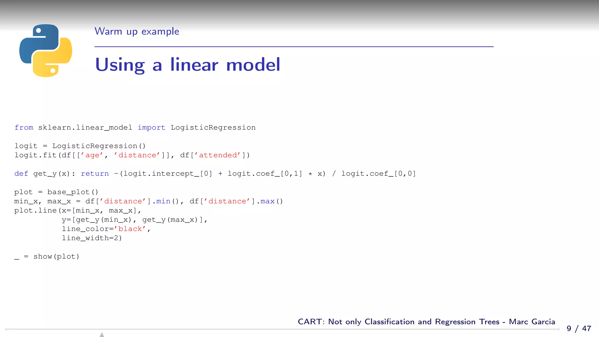 Warm up example
Using a linear model
from sklearn.linear_model import LogisticRegression
logit = LogisticRegression()
logit.fit(df[[’age’, ’distance’]], df[’attended’])
def get_y(x): return -(logit.intercept_[0] + logit.coef_[0,1] * x) / logit.coef_[0,0]
plot = base_plot()
min_x, max_x = df[’distance’].min(), df[’distance’].max()
plot.line(x=[min_x, max_x],
y=[get_y(min_x), get_y(max_x)],
line_color=’black’,
line_width=2)
_ = show(plot)
9 / 47
CART: Not only Classiﬁcation and Regression Trees - Marc Garcia
 
