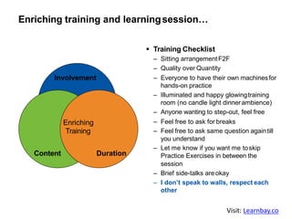Enriching training and learningsession…
§ Training Checklist
– Sitting arrangementF2F
– Quality over Quantity
– Everyone to have their own machinesfor
hands-on practice
– Illuminated and happy glowingtraining
room (no candle light dinnerambience)
– Anyone wanting to step-out, feel free
– Feel free to ask for breaks
– Feel free to ask same question againtill
you understand
– Let me know if you want me toskip
Practice Exercises in between the
session
– Brief side-talks areokay
– I don’t speak to walls, respect each
other
Involvement
Content Duration
Enriching
Training
Visit: Learnbay.co
 