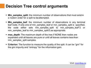 Decision Tree control arguments
§ Min_samples_split: the minimum number of observations that must existin
a nodein order for a split to beattempted.
§ Min_samples_leaf: the minimum number of observations in any terminal
leaf node. If only one of min_samples_leaf or min_samples_split is specified,
the code either sets min_samples_split to min_samples_leaf*3 or
min_samples_leaf to min_samples_split/3,as appropriate.
§ max_depth: The maximum depth of the tree.if NONE then nodes are
expanded until all leaves are pure or until all leaves contains less than
min_samples_split samples.
§ Criterion: The function to measure the quality of the split. It can be “gini” for
the gini impurity and “entropy” for the information gain.
Visit: Learnbay.co
 