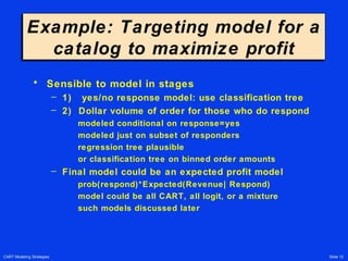 CART Modeling Strategies Slide 12
Example: Targeting model for a
catalog to maximize profit
Example: Targeting model for a
catalog to maximize profit
• Sensible to model in stages
– 1) yes/no response model: use classification tree
– 2) Dollar volume of order for those who do respond
modeled conditional on response=yes
modeled just on subset of responders
regression tree plausible
or classification tree on binned order amounts
– Final model could be an expected profit model
prob(respond)*Expected(Revenue| Respond)
model could be all CART, all logit, or a mixture
such models discussed later
 