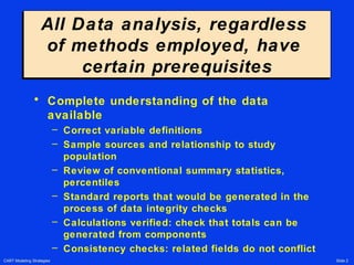 CART Modeling Strategies Slide 2
All Data analysis, regardless
of methods employed, have
certain prerequisites
All Data analysis, regardless
of methods employed, have
certain prerequisites
• Complete understanding of the data
available
– Correct variable definitions
– Sample sources and relationship to study
population
– Review of conventional summary statistics,
percentiles
– Standard reports that would be generated in the
process of data integrity checks
– Calculations verified: check that totals can be
generated from components
– Consistency checks: related fields do not conflict
 