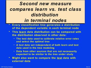 CART Modeling Strategies Slide 52
Second new measure
compares learn vs. test class
distribution
in terminal nodes
Second new measure
compares learn vs. test class
distribution
in terminal nodes
• Every classification tree generates a distribution
of the dependent variable in each terminal node
• This learn data distribution can be compared with
the distribution observed in other data:
– The test data used to calibrate relative error rates
and select the optimal tree
– A test data set independent of both learn and test
data used in the tree modeling
– Data from other sources that are not necessarily
expected to be similar to the tree under study
• Might also want to compare the test data with
external data
 