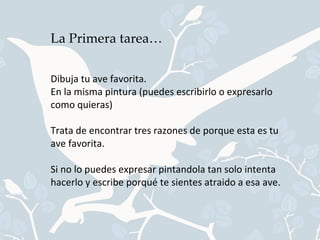 La Primera tarea…

Dibuja tu ave favorita.
En la misma pintura (puedes escribirlo o expresarlo
como quieras)

Trata de encontrar tres razones de porque esta es tu
ave favorita.

Si no lo puedes expresar pintandola tan solo intenta
hacerlo y escribe porqué te sientes atraido a esa ave.
 