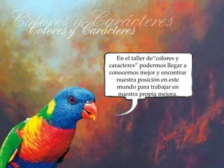 En el taller de“colores y
caracteres” podermos llegar a
conocernos mejor y encontrar
   nuestra posición en este
   mundo para trabajar en
   nuestra propia mejora.
 