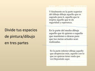 Y finalmente en la parte superior
                      del dibujo dibuja aquello que es
                      sagrado para ti, aquello que te
                      inspira aquello que te da
                      seguridad y esperanza.


Divide tus espacios   En la parte del medio dibuja
                      aquello que tú quieres o aquello
de pintura/dibujo     que mantienes o deseas para
                      que tus metas actuales sean
en tres partes        realizadas.


                      En la parte inferior dibuja aquello
                      que desprecias más, aquello con lo
                      que no quieras tener nada que
                      ver.Deposítalo aqui.
 