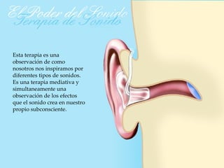 Esta terapia es una
observación de como
nosotros nos inspiramos por
diferentes tipos de sonidos.
Es una terapia mediativa y
simultaneamente una
observación de los efectos
que el sonido crea en nuestro
propio subconsciente.
 