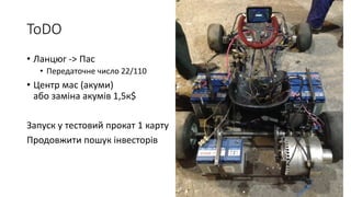 ToDO
• Ланцюг -> Пас
• Передаточне число 22/110
• Центр мас (акуми)
або заміна акумів 1,5к$
Запуск у тестовий прокат 1 карту
Продовжити пошук інвесторів
 