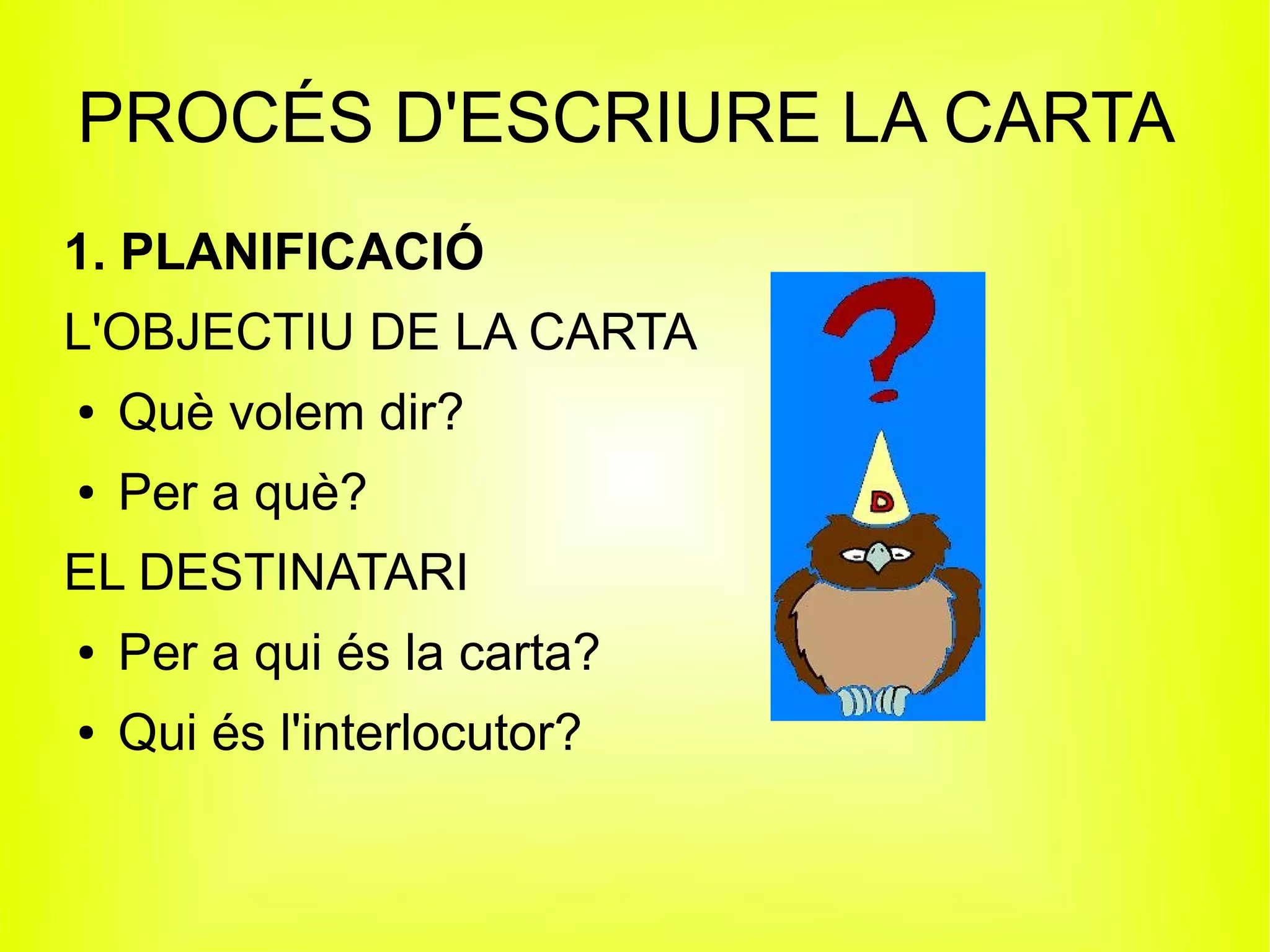 PROCÉS D'ESCRIURE LA CARTA
1. PLANIFICACIÓ
L'OBJECTIU DE LA CARTA
●   Què volem dir?
●   Per a què?
EL DESTINATARI
●   Per a qui és la carta?
●   Qui és l'interlocutor?
 