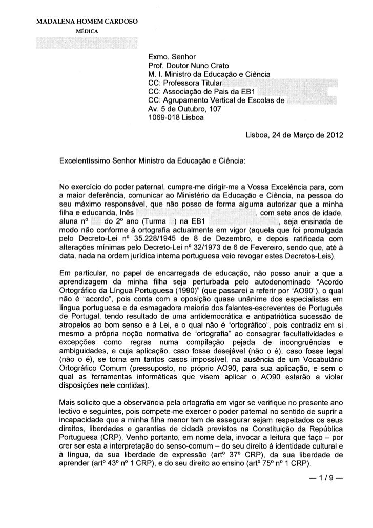 Carta ao Ministro da Educação