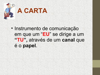A CARTA
• Instrumento de comunicação
em que um “EU” se dirige a um
“TU”, através de um canal que
é o papel.

 