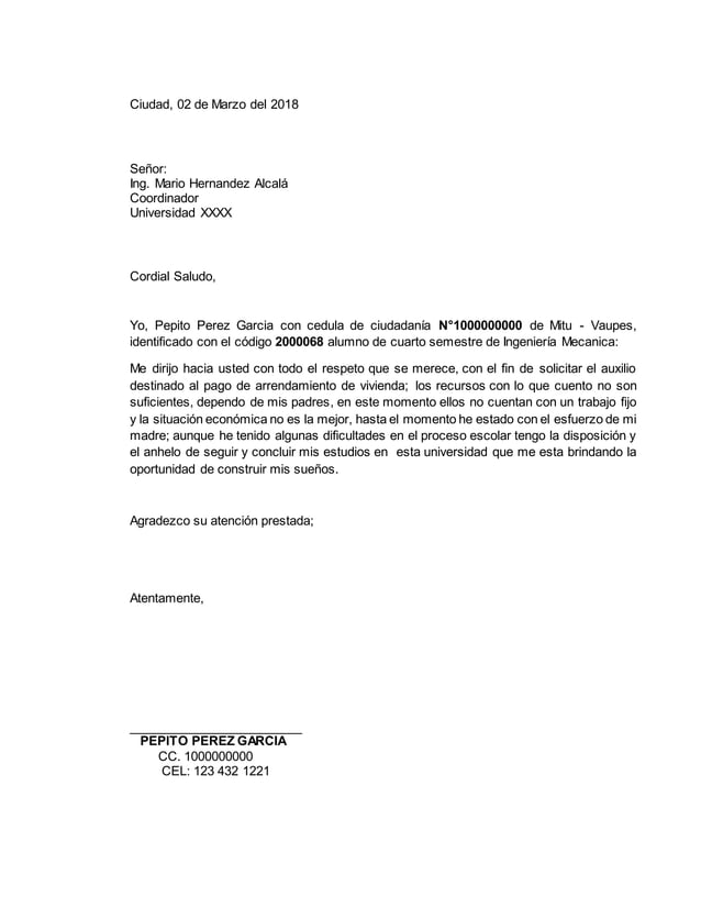 Carta De Sostenimiento Ejemplo