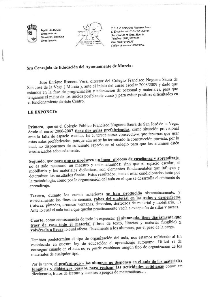 Carta a la Concejala de Educación del Ayuntamiento de Murcia