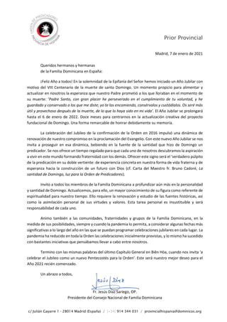 Carta a la familia dominicana por el inicio del Jubileo de Sto. Domingo
