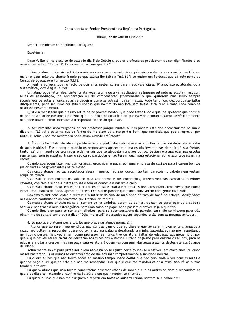 Carta aberta ao Senhor Presidente da República Portuguesa