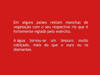 Em alguns países restam manchas de vegetação com o seu respectivo rio que é fortemente vigiado pelo exército. A água tornou-se um tesouro muito cobiçado, mais do que o ouro ou os diamantes. 