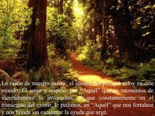 La razón de nuestro existir, el clímax del por qué estoy en este mundo. El amor y respeto, por “Aquél” que en momentos de incertidumbre lo invocamos, al que constantemente en el transcurso del existir, le pedimos, en “Aquél” que nos fortalece y nos brinda sin escatimar la ayuda que urge. 
