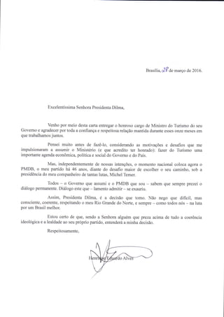 Carta demissão - Ministro do Turismo Henrique Eduardo Alves