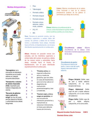 *Proteína sérica: en
especial la albumina
sérica y niveles de
globulina, que son útiles
en casos de kwashiorkor,
pero no lo han sido en el
diagnóstico de
malnutrición
proteinoenergetica, leve
o moderada.
*Examen copro, orina y
sangre en parásitos: en
una encuesta de
infestación parasitarias y
malnutrición se
relacionan íntimamente,
en heces para detectar
huevos de Uncinaria,
ascárides, Trichuris entre
otros parásitos; en orina
para determinar
albumina, cilindros y
• Peso
• Talla-longitud
• Perímetro cefálico
• Perímetro braquial
• Perímetro torácico
• Perímetro cintura,
abdomen, cadera,
muslo, cutáneos
• P/E, P/T
• IMC
Medidas Antropométricas
E
X
A
M
E
N
E
S
L
A
B
O
R
A
T
O
R
I
O
o
*Hemoglobina: es la
información de laboratorio
importante que se puede
obtener en cualquier
encuentra desnutrición.
*Hematocrito o volumen
de células empacadas
(VCE): importante para
realizar el diagnostico de
anemia.
*Recuento de glóbulos
rojos y película de
sangre: es muy útil, pues
permite observar el tamaño
y uniformidad de las células
sanguíneas.
Peso: Persona en posición erecta, con los
miembros superiores a ambos lados del
cuerpo, las palmas y dedos de las manos
rectos y extendidos hacia abajo, mirando
hacia el frente, en bipedestación, con el peso
distribuido equitativamente en ambos pies.
Altura: Persona en posición erecta (sin
calzado), con los miembros superiores a
ambos lados del cuerpo, las palmas y dedos
de las manos rectos y extendidos hacia
abajo, mirando hacia el frente, en
bipedestación, con el peso distribuido
equitativamente en ambos pies.
Cadera: Máxima circunferencia de la cadera.
Línea horizontal a nivel de la máxima
protuberancia posterior de los glúteos (5
centímetros por debajo de la cintura).
Cintura: Máxima circunferencia de la
cintura. Línea horizontal en punto medio
entre la última costilla y la cresta iliaca.
Circunferencia cabeza: Máxima
circunferencia de la cabeza. Línea
horizontal a nivel del occipucio por encima
de las cejas.
Circunferencia de pecho:
Circunferencia máxima del
pecho. Línea a nivel del cuarto
espacio intercostal sobre el
esternón.
Pliegue Bicipital: Doble capa
de piel y tejido adiposo
subyacente, en la zona
bicipital del brazo.
Pliegue Abdominal: Doble
capa de piel y tejido adiposo
subyacente, en la zona media
del abdomen
Pliegue Axilar: Doble capa de
piel y tejido adiposo
subyacente, en la zona axilar.
Maqueda González Claudia Vanessa 5CM12
Diosdado Gómez Julián
 