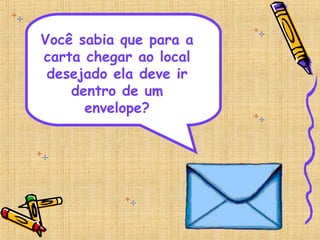 Você sabia que para a
carta chegar ao local
desejado ela deve ir
dentro de um
envelope?
 